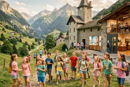 Enfants souriants découvrant des activités variées en plein air et en intérieur en Isère, avec paysages alpins et patrimoine régional en arrière-plan