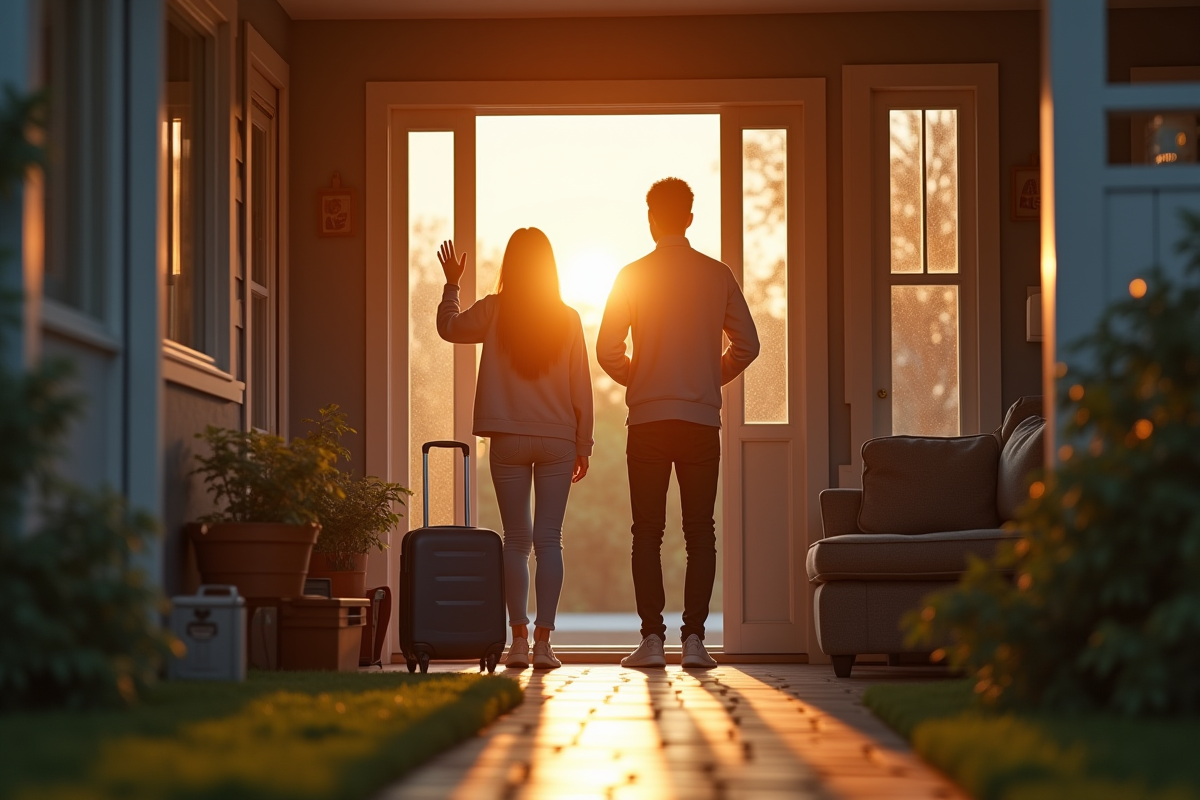 Adolescent faisant au revoir à ses parents dans une maison chaleureuse