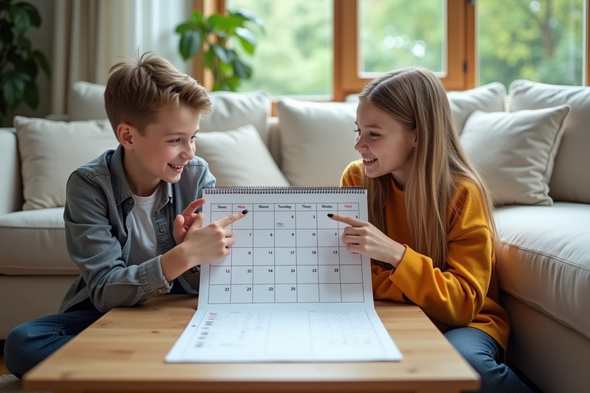 Deux adolescents consultant ensemble le calendrier imprimé des vacances scolaires 2026 en Allemagne Baden-Württemberg
