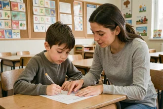 Une AESH accompagne un élève à besoins particuliers dans une salle de classe primaire française