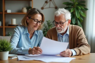 Femme mature aidant un homme âgé à examiner des documents