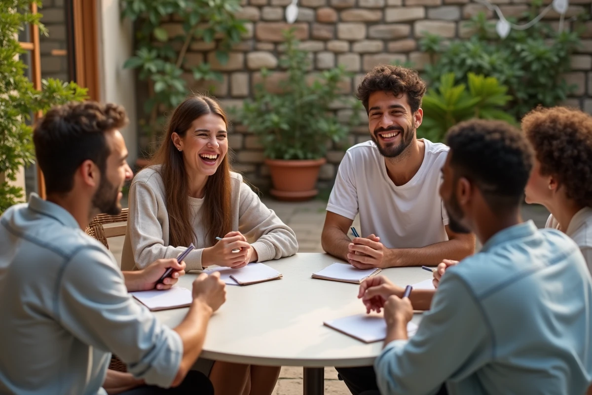 Groupe d'amis jouant à un jeu de mots en plein air lors d'un anniversaire minimaliste sur une terrasse