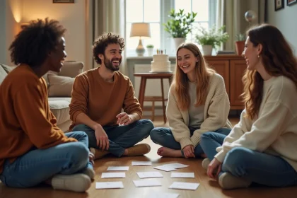 Groupe d'adultes jouant à un jeu de cartes fait main lors d'un anniversaire minimaliste dans un salon chaleureux