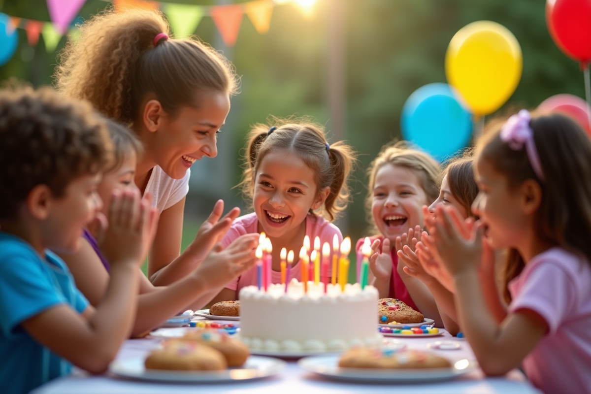 Groupe d'enfants joyeux autour d'une table d'anniversaire