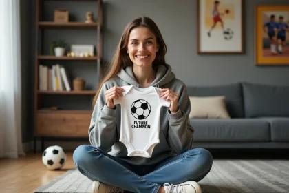 Femme souriante tenant un body de bébé foot pour annoncer sa grossesse à son conjoint fan de sport