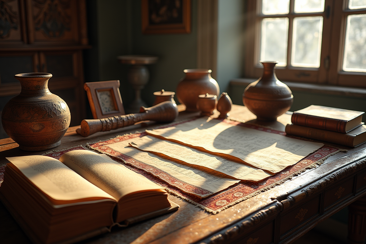 Objets anciens et documents historiques sur une table en bois