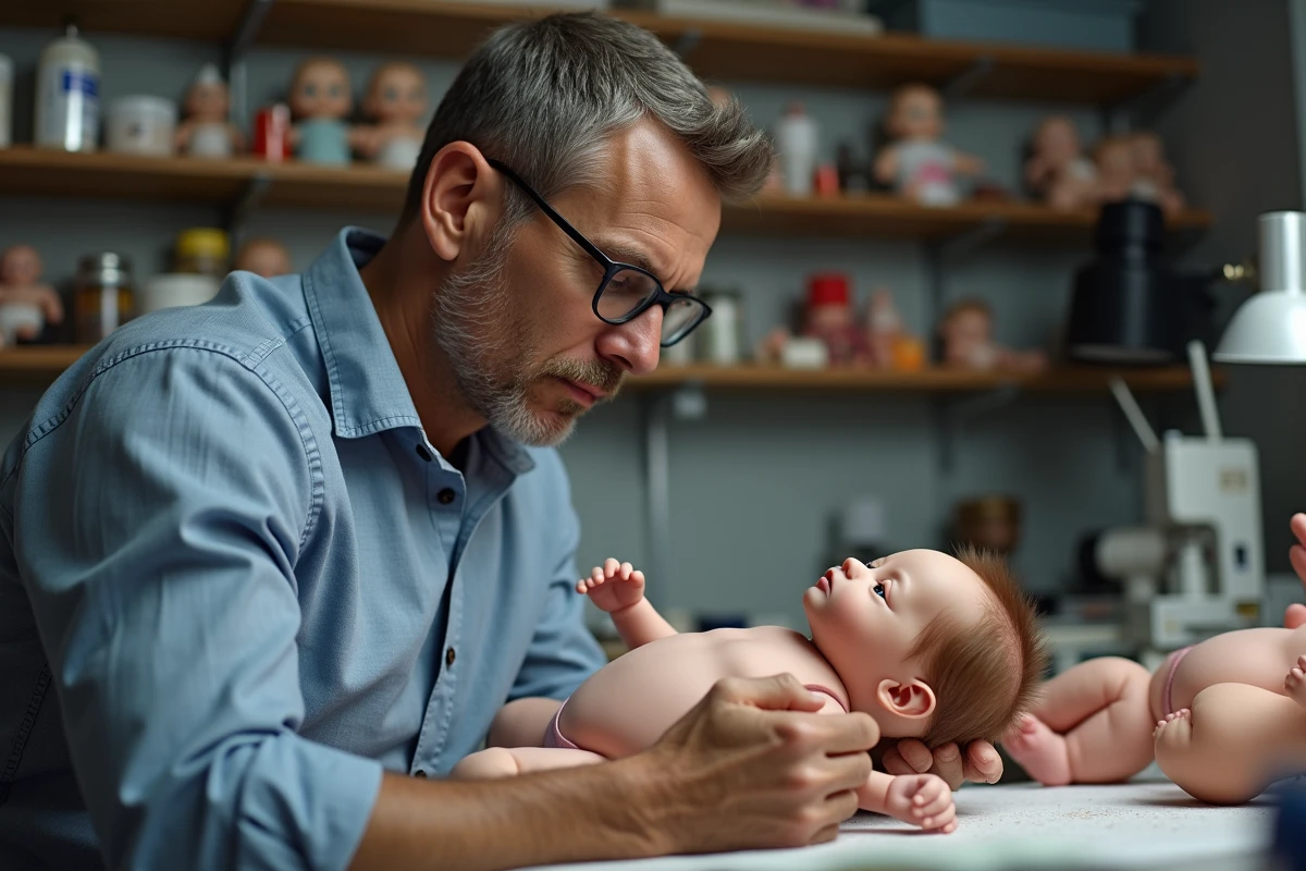 Artisan inspectant un bébé reborn dans son atelier d