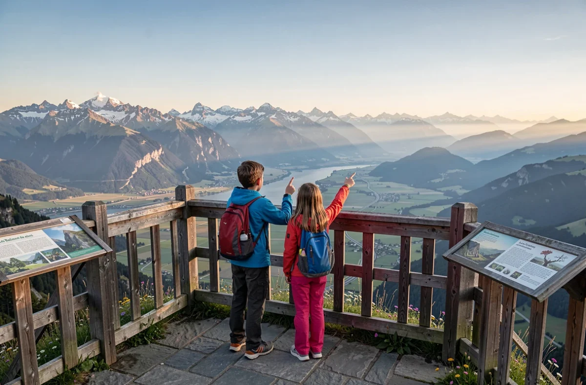 Une famille avec deux enfants admirant le panorama alpin depuis les belvédères des Balcons du Dauphiné en Isère