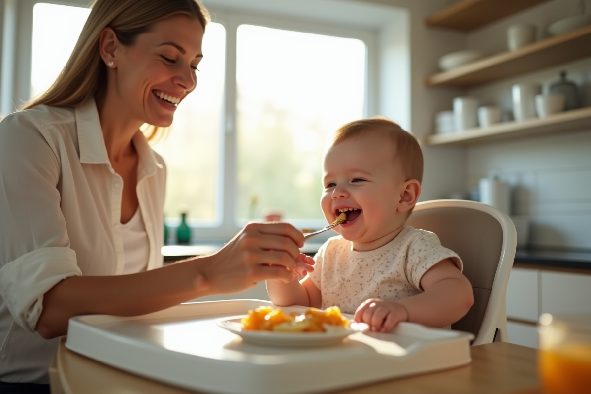 Bébé souriant dans une chaise haute en train d'être nourri par un parent dans une cuisine lumineuse