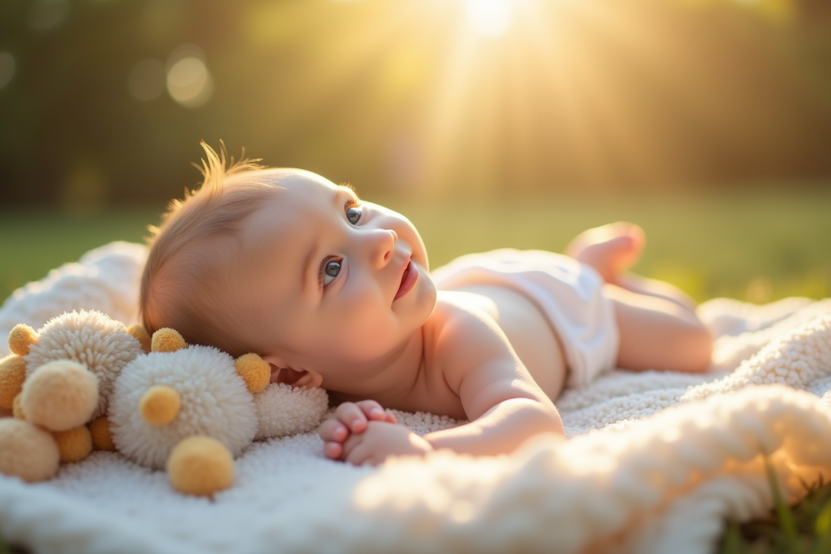 Bébé allongé sur une couverture douce regardant vers le haut