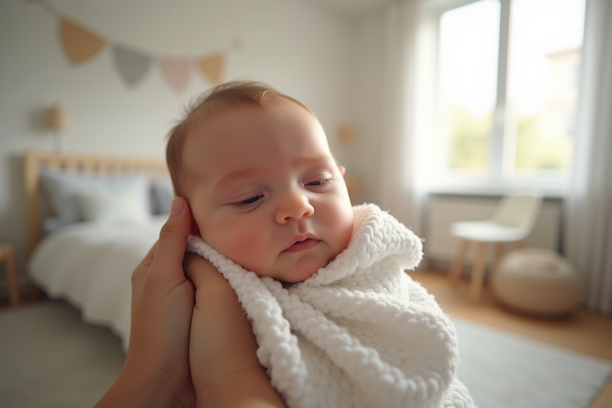 Bébé de quatre mois tenu par un parent dans une nurserie lumineuse