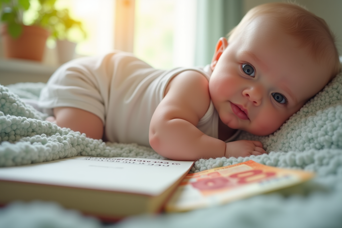 Bebe allonge sur une couverture avec argent et livre d