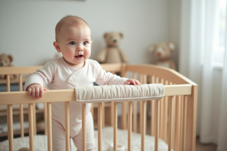 Bébé fille dans son lit en bois avec bumper pastel