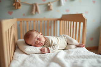 Bébé endormi dans un berceau en bois dans une chambre douce