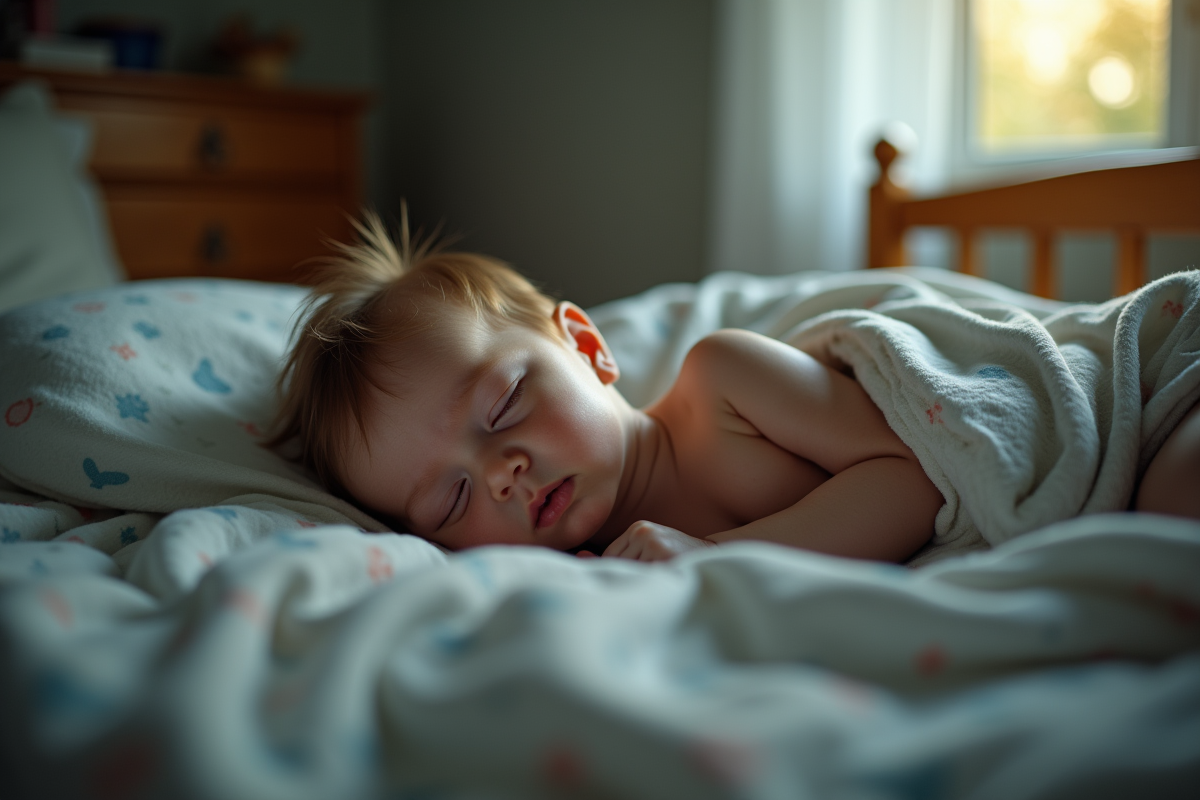 Bébé dormant dans un lit avec sueur sur le front parents inquiets