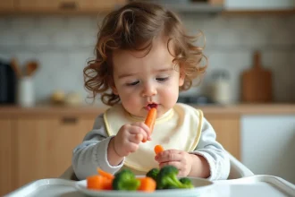 Jeune fille curieuse mangeant des carottes et brocolis