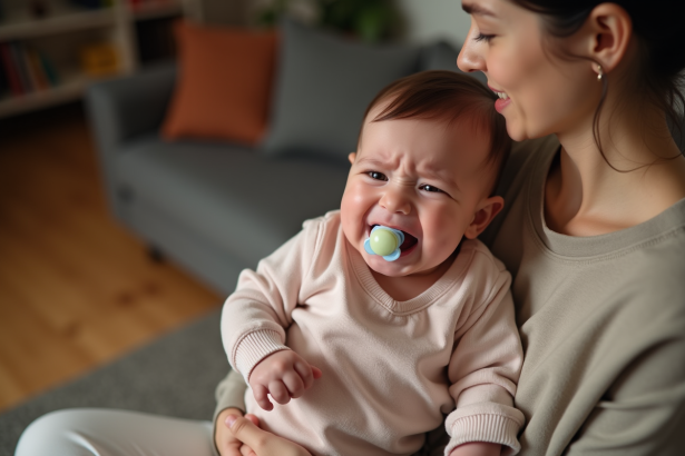 Bébé pleurant dans les bras de sa mère dans un salon chaleureux