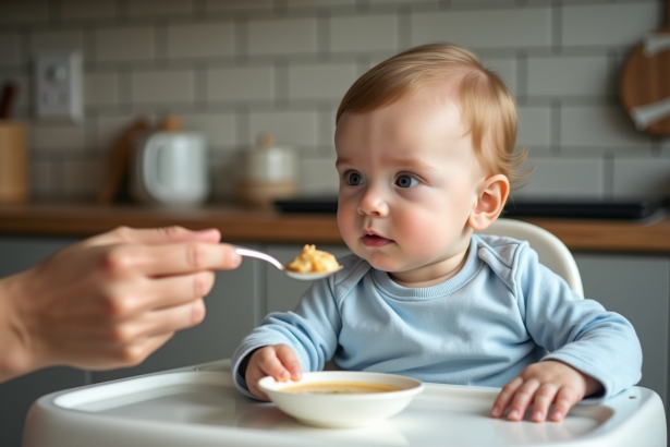 Bébé de quatre mois dans une chaise haute en train de manger