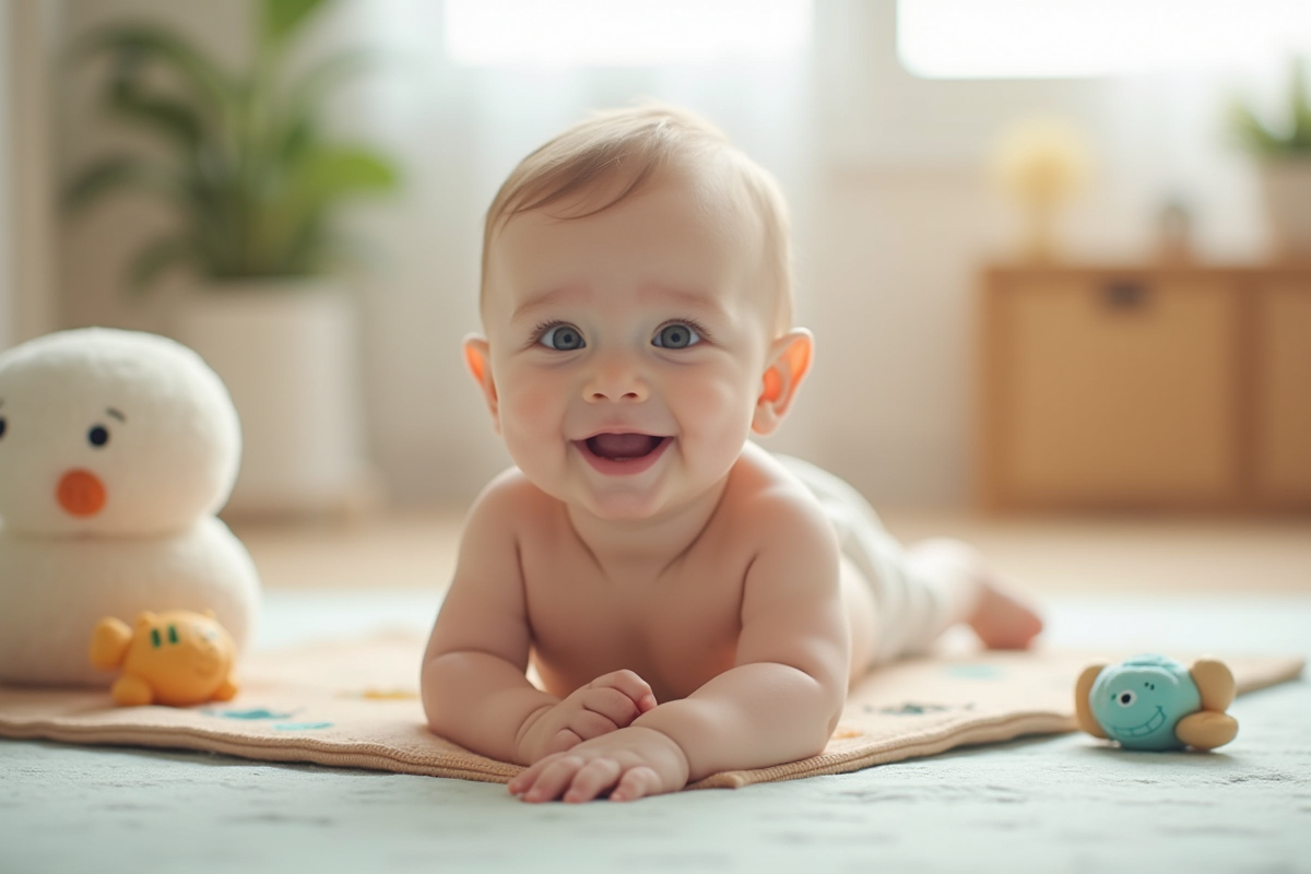 Bébé souriant de quatre mois sur un tapis de jeu pastel