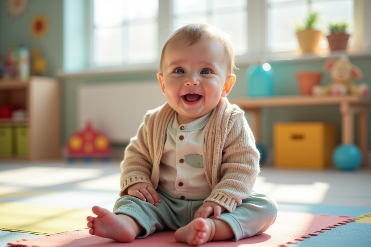 Bébé souriant dans une crèche lumineuse et colorée