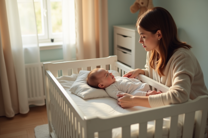 Jeune parent posant un bébé endormi dans un berceau moderne