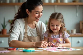 Femme et enfant réalisant une carte en papier fleurie pour la fête des mères à la maison