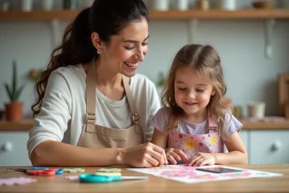 Femme et enfant réalisant une carte en papier fleurie pour la fête des mères à la maison