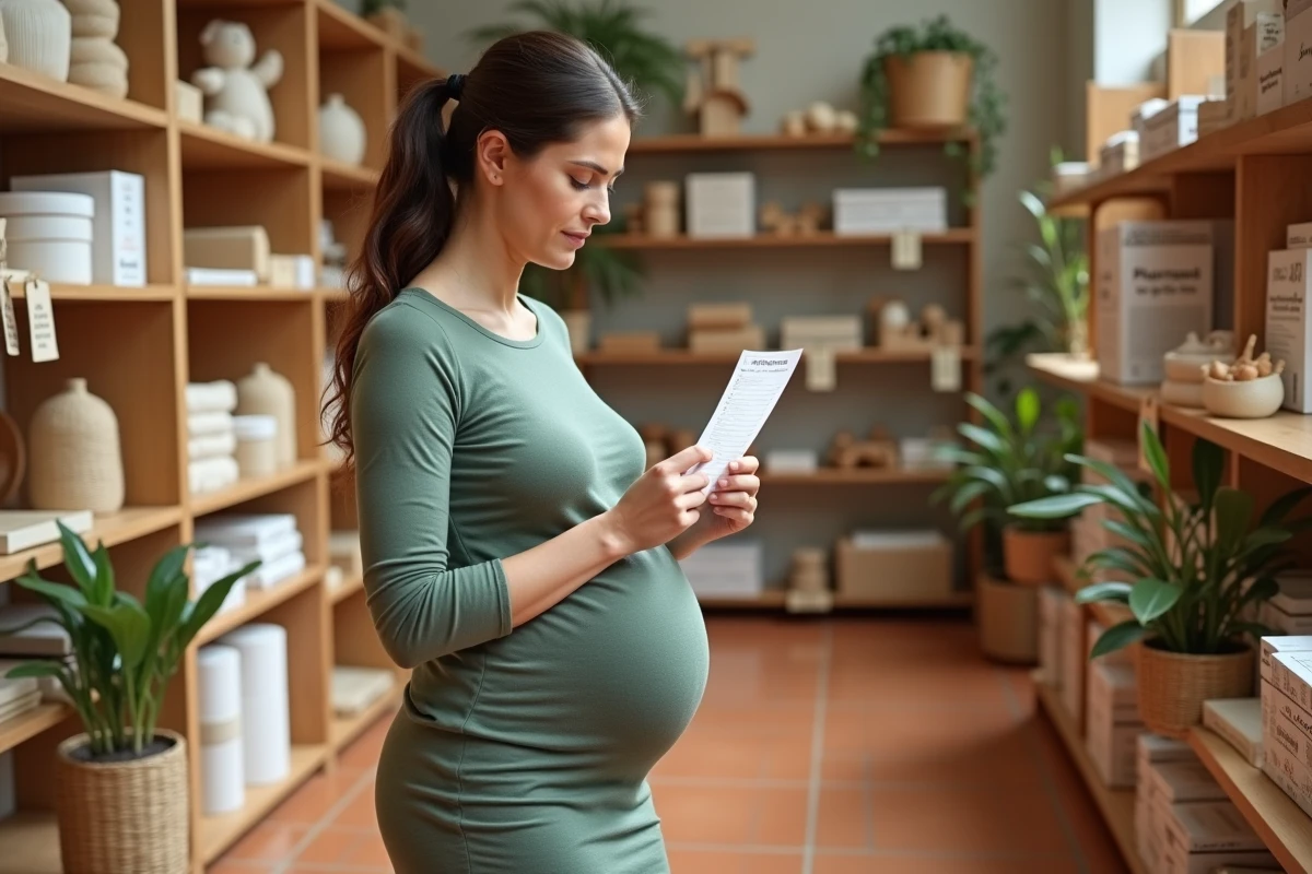 Femme enceinte comparant les prix de matériels Montessori dans une boutique spécialisée pour son premier bébé