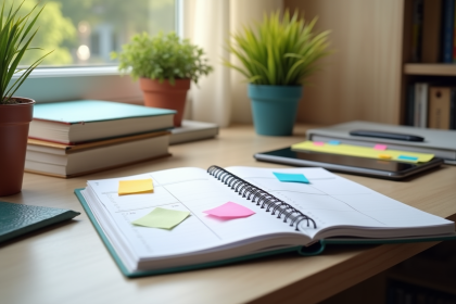 Bureau d'étude moderne avec planner et notes colorées