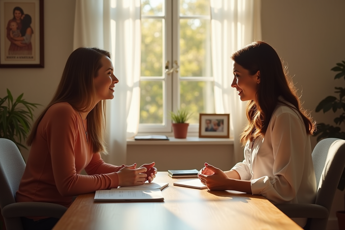 Salle chaleureuse pour rencontre de doula avec couple enceinte