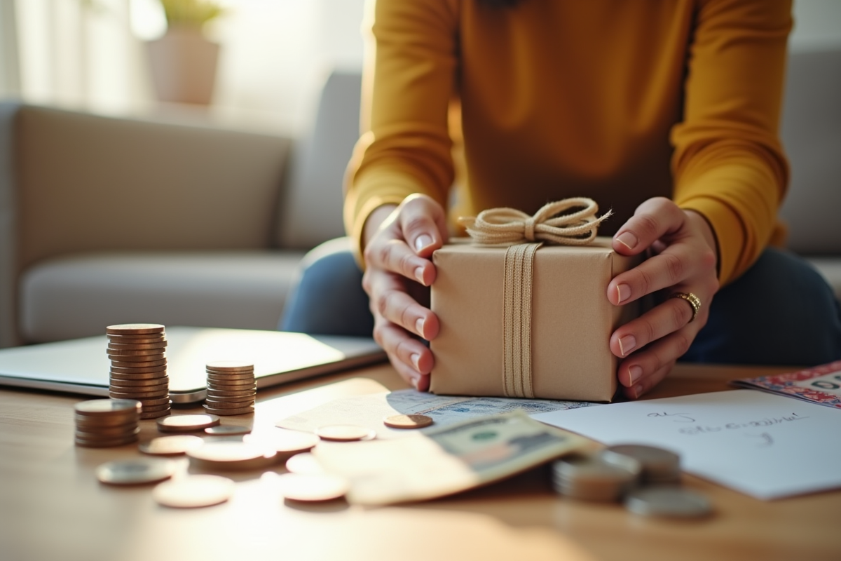 Parent tenant un cadeau avec pièces et billets sur la table