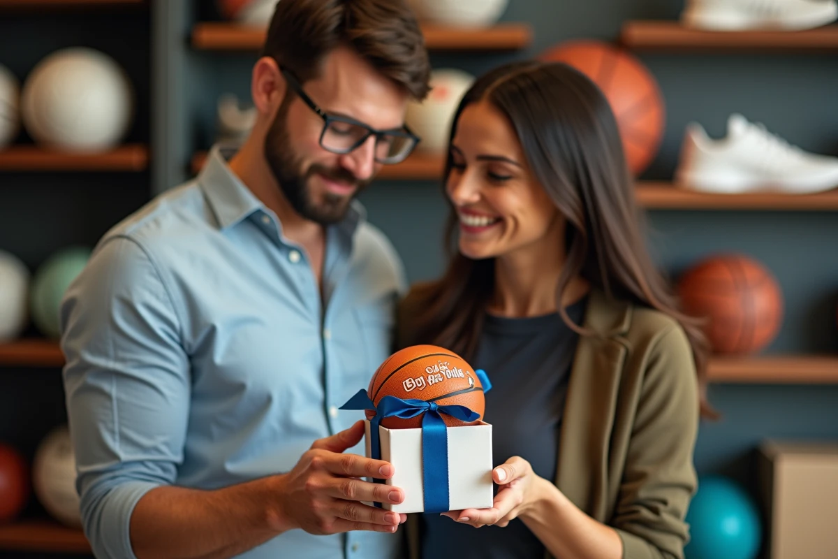 Couple en magasin de sport découvrant un mini ballon de basket annonçant une grossesse comme cadeau original
