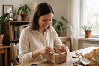 Femme découvrant un cadeau personnalisé dans une cuisine chaleureuse en bois