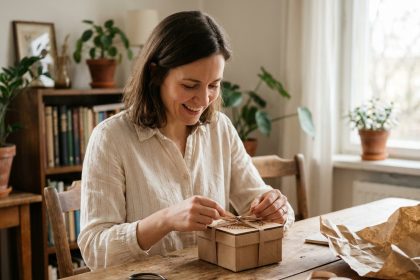 Femme découvrant un cadeau personnalisé dans une cuisine chaleureuse en bois
