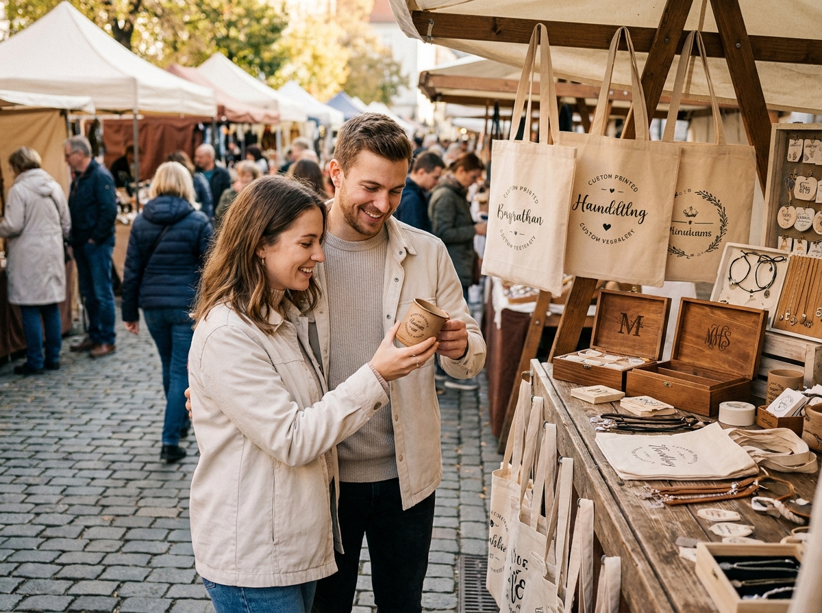 Couple choisissant des cadeaux personnalisés dans un marché artisanal en plein air