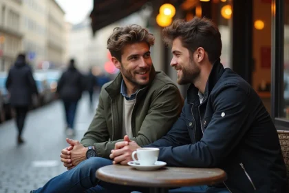 Deux hommes assis dans un caf&eacute; parisien en terrasse