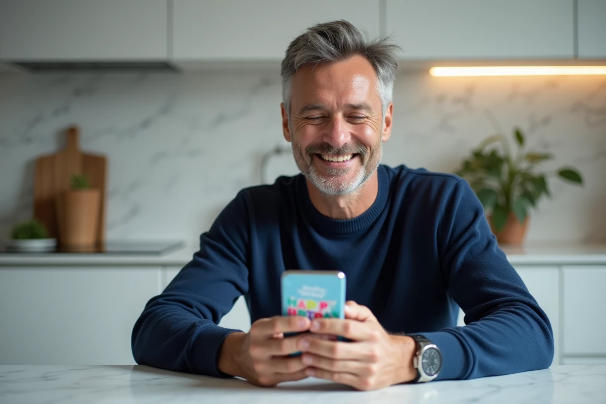 Homme souriant regardant une carte virtuelle d'anniversaire 40 ans sur son smartphone dans une cuisine moderne et épurée