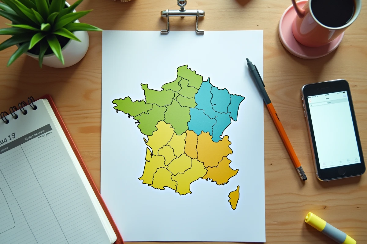 Vue aérienne d'un bureau avec une carte des zones scolaires françaises et un agenda ouvert pour planifier les départs en vacances