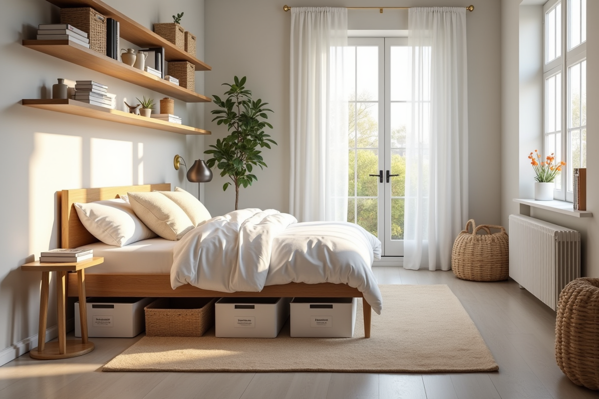 Chambre scandinave bien organisée avec rangement intelligent