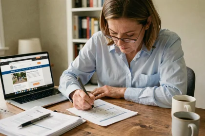 Femme remplissant un formulaire de déclaration de changement de situation fiscale à son bureau à domicile