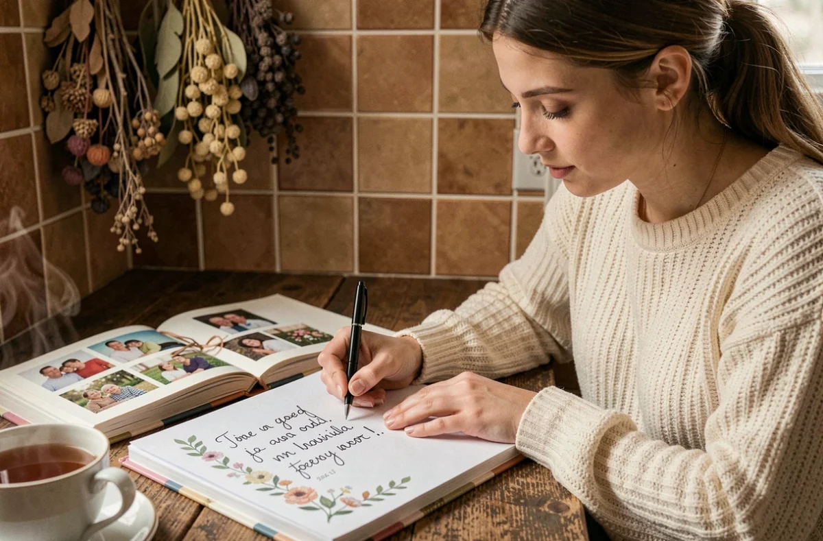 Jeune femme écrivant une citation dans un album photo souvenir pour sa cousine