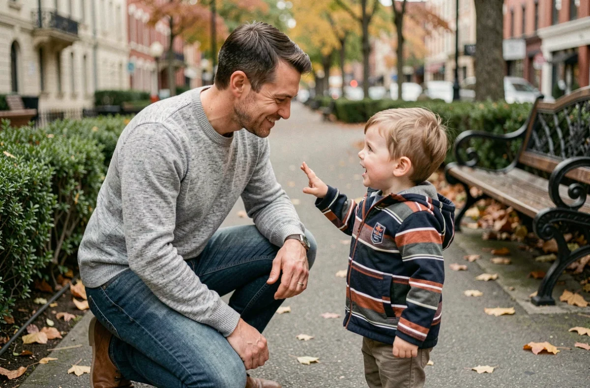 Père en posture d'écoute active à hauteur d'enfant dans un parc urbain, illustrant la communication bienveillante en parentalité