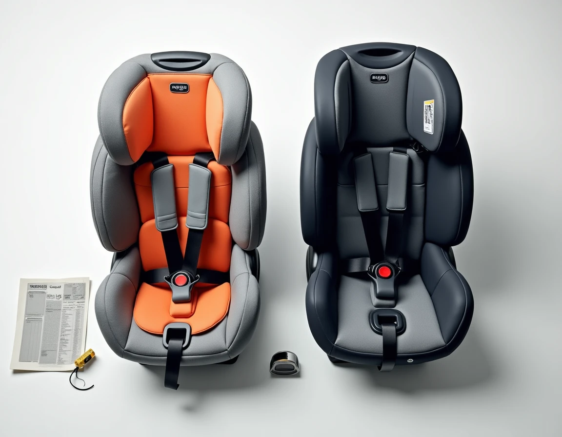 Comparaison de deux sièges auto homologués i-Size R129 avec étiquettes de certification et base ISOFIX visibles