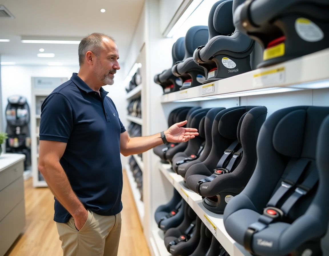 Conseiller en magasin présentant une gamme de sièges auto homologués norme R129 i-Size sur des étagères de puériculture