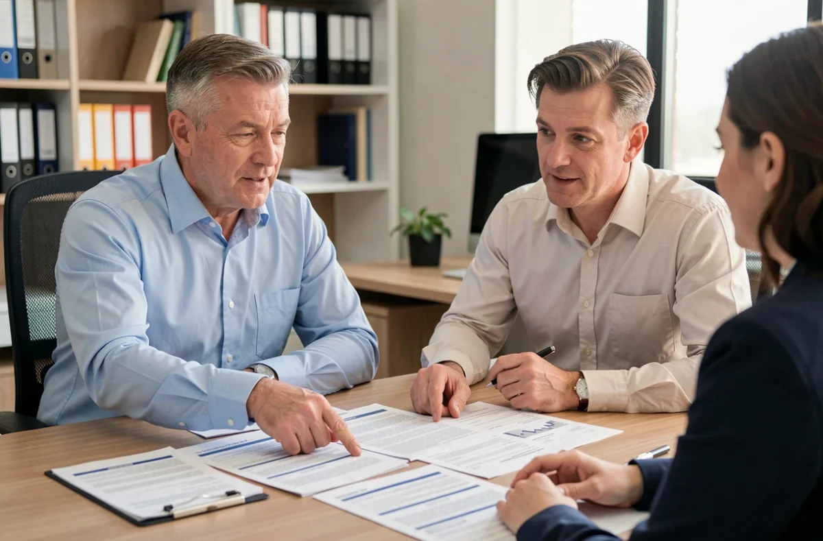 Conseiller fiscal expliquant les démarches de déclaration de changement de situation à un contribuable dans un bureau professionnel