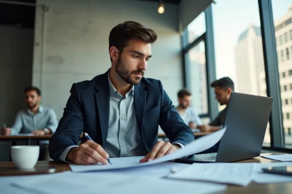 Jeune professionnel des médias en blazer marine travaillant à son bureau dans un open space moderne, illustrant la construction d'une image publique dans le secteur médiatique