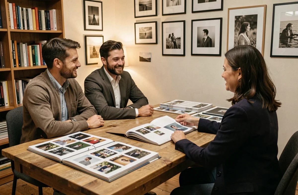 Couple en réunion de consultation avec une photographe professionnelle autour d'albums photo dans un bureau à Saint-Nazaire