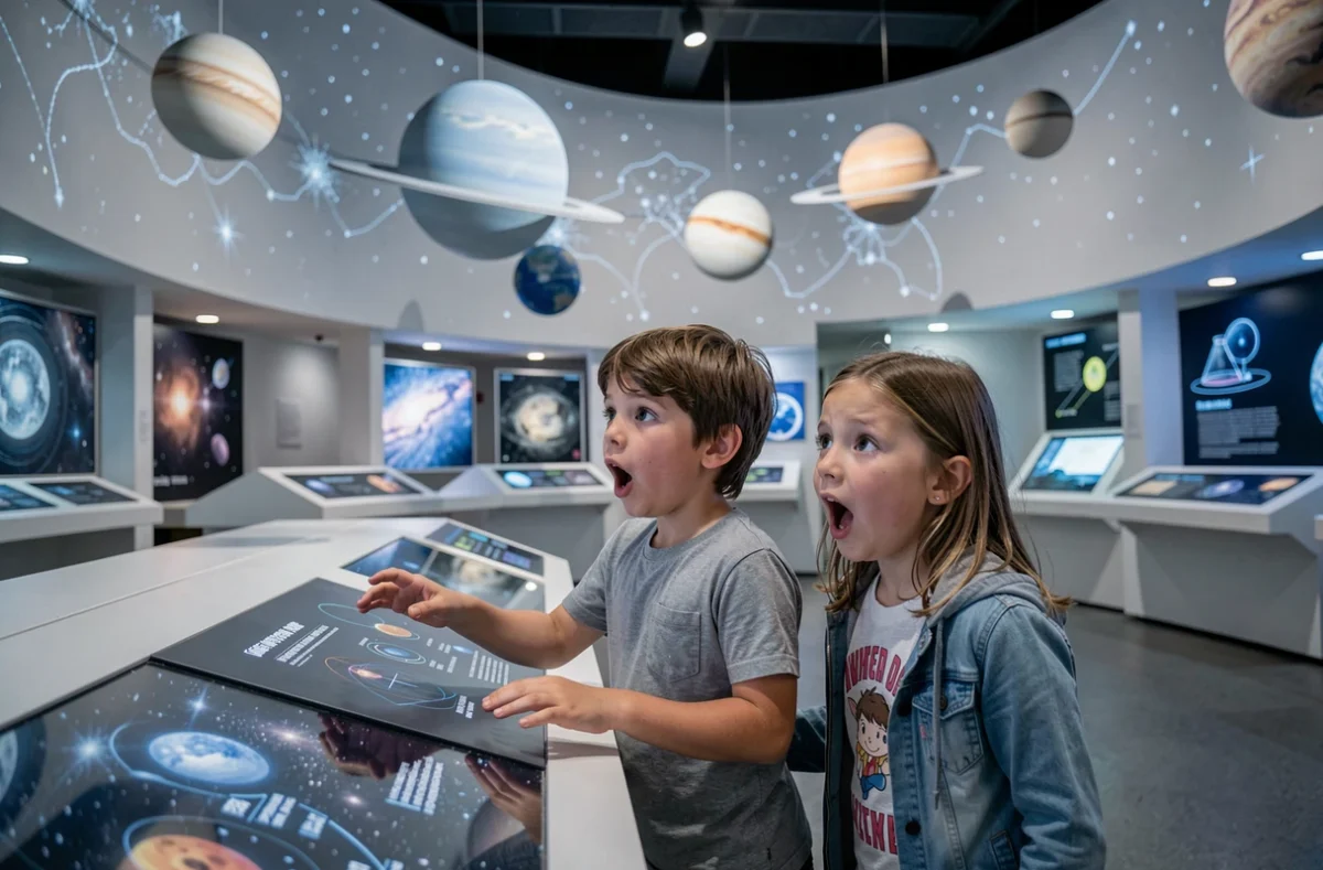 Deux enfants émerveillés devant une exposition interactive sur l'espace à la Cosmocité en Isère