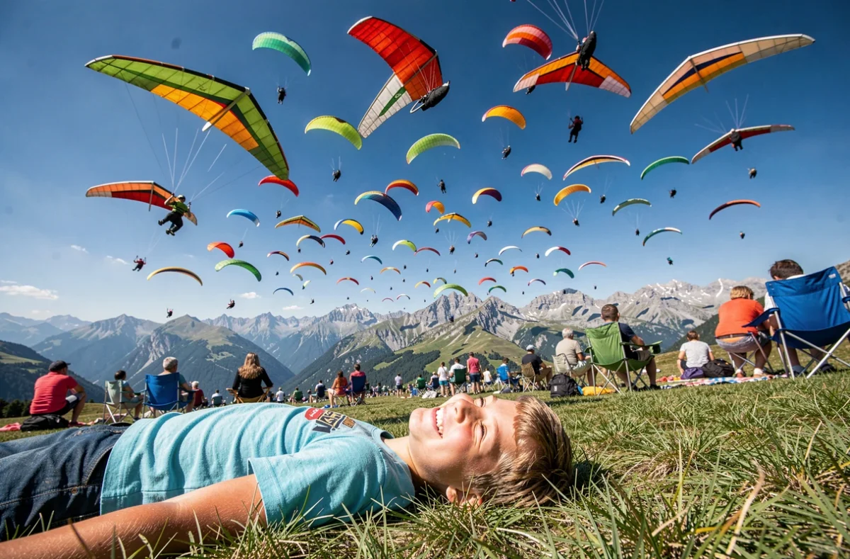 Un garçon allongé dans l'herbe regardant les parapentes colorés lors de la Coupe Icare à Saint-Hilaire du Touvet en Isère
