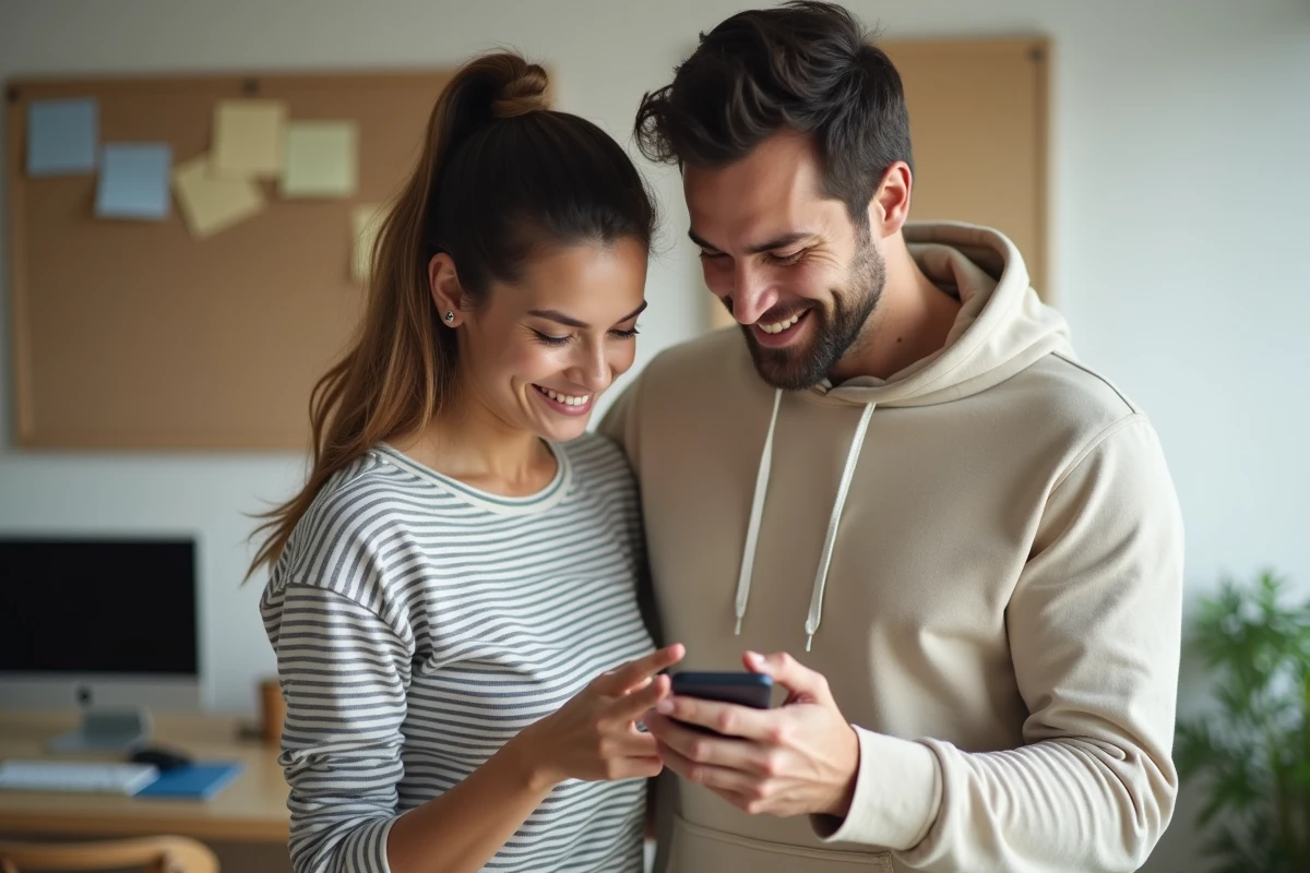 Couple gérant ensemble la vie familiale via une application mobile dans un bureau à domicile